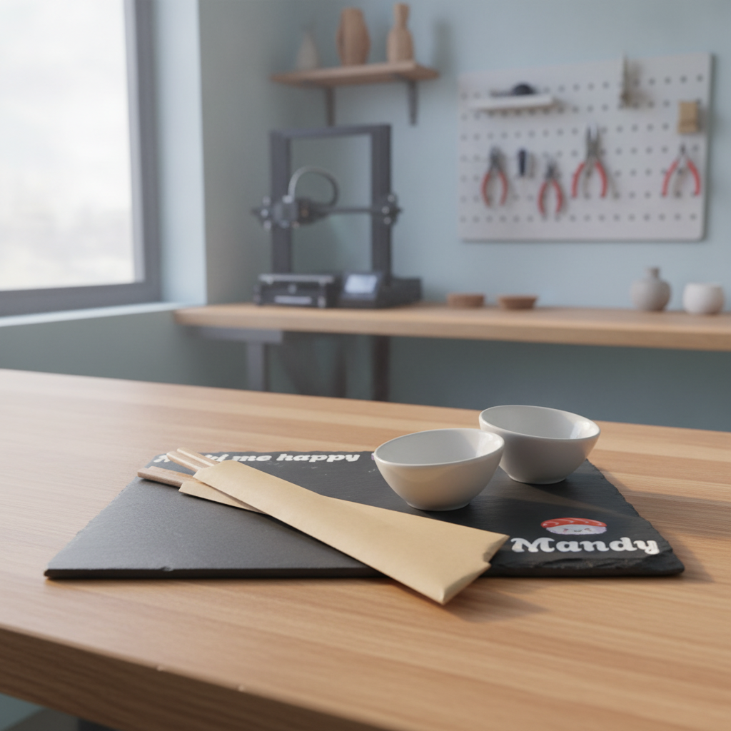Gepersonaliseerd sushi bord van leisteen met naam, 2 sausbakjes en eetstokjes. UV geprint door Cre8mate. Leuk cadeau voor sushi liefhebbers. NL & BE.