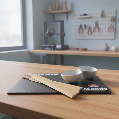 Gepersonaliseerd sushi bord van leisteen met naam, 2 sausbakjes en eetstokjes. UV geprint door Cre8mate. Leuk cadeau voor sushi liefhebbers. NL & BE.